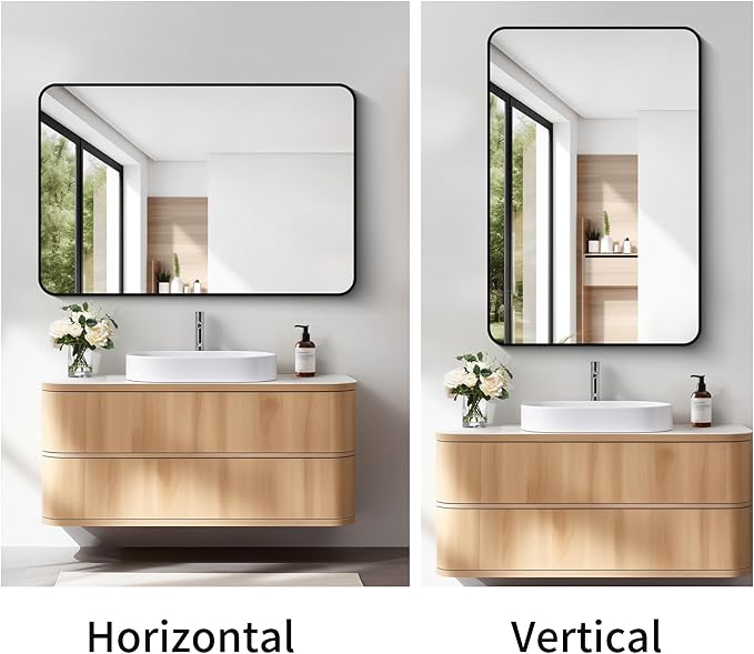 FORBATH Bathroom Mirror 24 x 36 Inches，Black Wall Mirror Aluminum Frame Wall Mounted Rounded Corner Morndern Mirror for Bathroom Bedroom Entryway Living Room