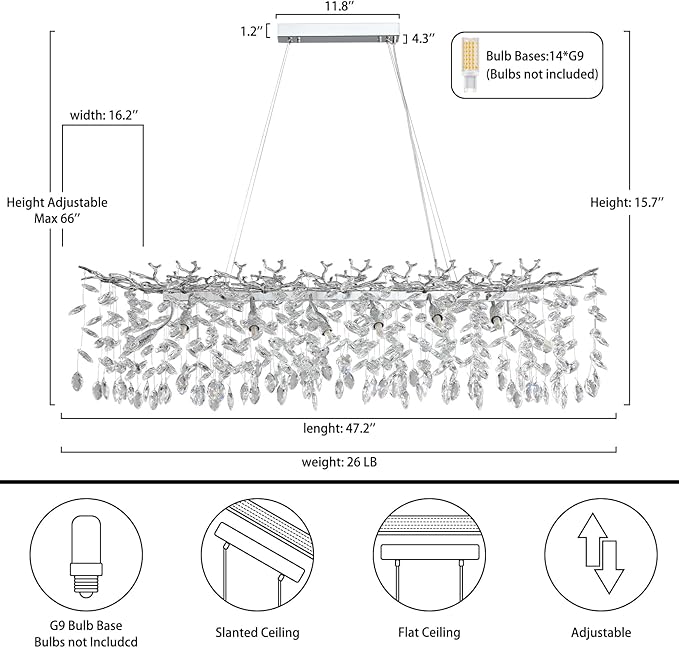 YUYI Modern Crystal Chandelier, 47" Silver Tree Branch Chandelier, 14-Light Luxury Rectangular Raindrop Chandeliers for Dining Room, Kitchen Island, Living Room, Contemporary K9 Crystal Light Fixture