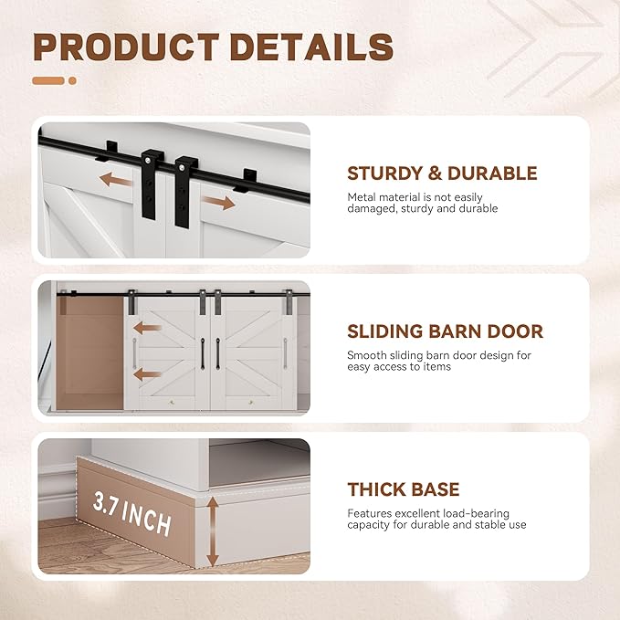 YITAHOME 52" Farmhouse Coffee Bar Cabinet with Storage, Buffet Cabinet with Goblet Holder, 5 Hooks, Power Outlets, Sideboard Cabinet with Sliding Barn Doors for Kitchen &amp; Living Room (White)