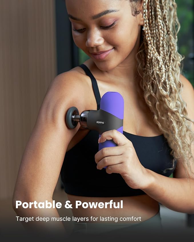 RENPHO Mini Thermal Massage Gun with Heat, Portable Deep Tissue Percussion Massager, Color Silicone Sleeves Travel Size with Carry Case, Purple
