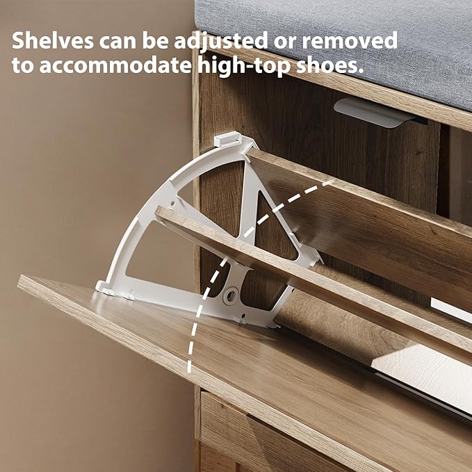 Rattan Storage Bench with Cushion &amp; Coat Rack, Shoe Rack with 2 Flip Drawers, Narrow Shoe Storage Cabinet, Shoe Bench for Entryway, Living Room, Rustic Oak, Round