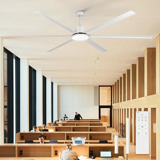 100" Industrial Ceiling Fan with Lights, Large Ceiling Fans with Remote 6 Reversible Aluminum Blades DC Motor 3CCT, Indoor Outdoor Commercial Ceiling Fan for Garage Shop Patio, White