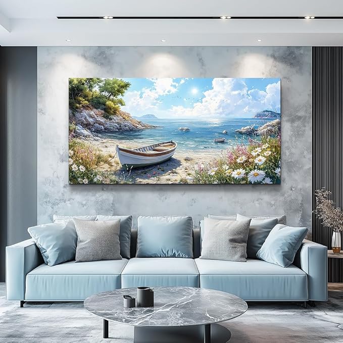 ZUITINGHUA Canvas Wall Art For Living Room Large Wall Decor For Office Bedroom Decorations Seaside Boat Landscape Pictures Farmhouse Painting Artwork Room Wall Mural Aesthetic Home Decor 30x60 In