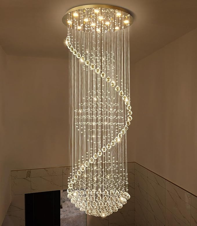 98'' Crystal Chandelier High Ceiling Chandeliers for Staircaes Large Raindrop Chandeliers LED Dimmable Flush Mount Light Fixtures for Foyer Hallway Entryway LED Bulbs Included Gold