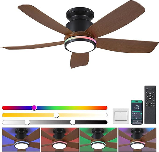 Ceiling Fans with RGB Lights and Remote/APP Control, 41" Low Profile Ceiling Fan with Dimmable White Lights + RGB Ring Lights, 5 Reversible Curved Blades 3 CCT 6 Speeds for Bedroom Living Room, Wood