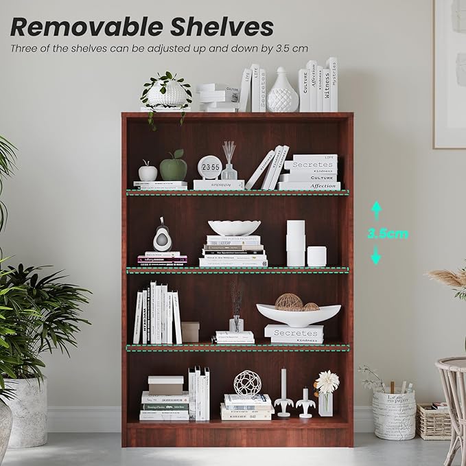 Farini 4 Shelf boockase Display Bookcase Freestanding Wooden Bookshelfs for Home Office Living Room,48 Inch Height，Cherry