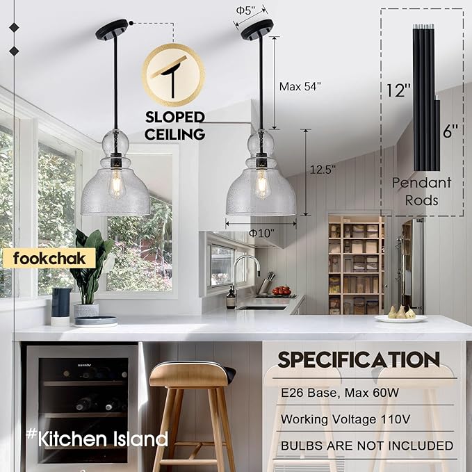 10" Seeded Glass Pendant Lights Kitchen Island Black Pendant Ceiling Light with Hand-Blown Clear Glass Over Dining Table Kitchen Sink Entryway Hallway, E26