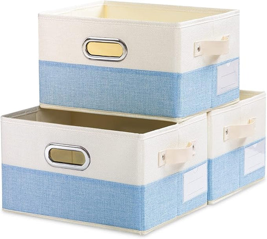 PRANDOM Fodable Storage Bins for Closet [3-pack] Decorative Fabric Storage Baskets Cubes with Leather/Metal Handles for Shelves Bedroom Living Room Blue&amp;Cream (11.5x8.5x6.7 Inch)