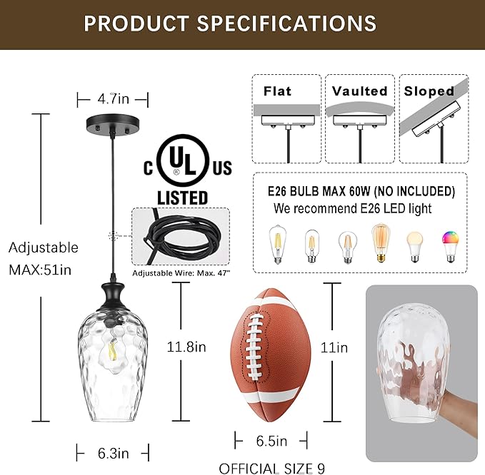 Glass Pendant Lights Kitchen Island 2 Pack, 1-Light Black Pendant Light Fixtures with Hand-Blown Clear Glass, Farmhouse Modern Hanging Light for Kitchen Sink Dining Room Bedroom