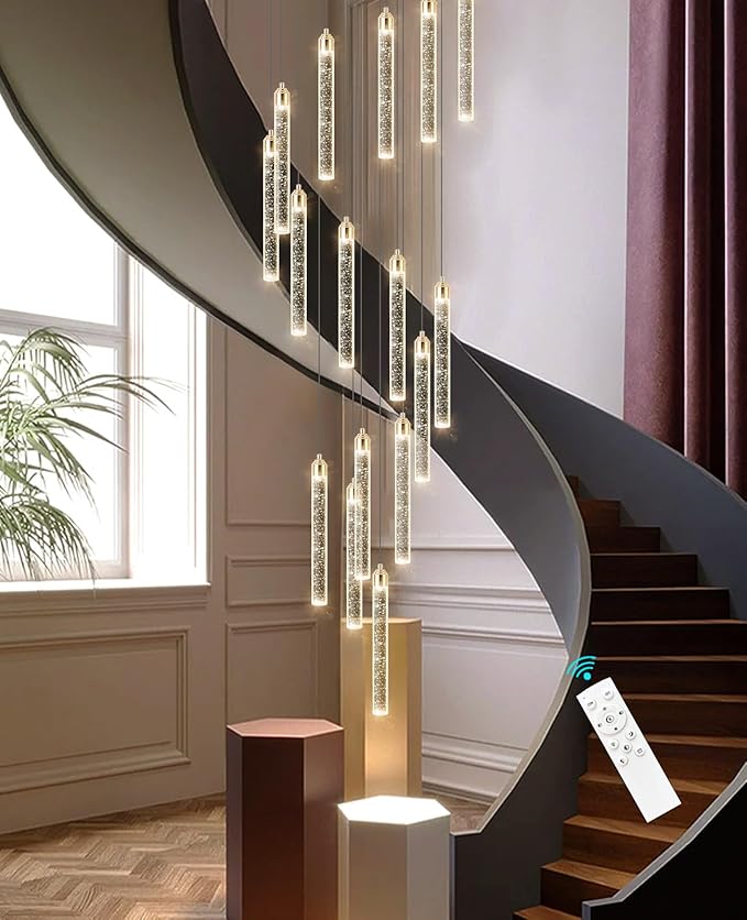 156in Long Light 20-Lights Chandeliers for Entryway LED Dimmable Chandeliers Lighting Fixture Modern Flat Sloped High Ceiling Pendant Lights Crystal Drop Light for Living Room Foyer Hallway Staircase