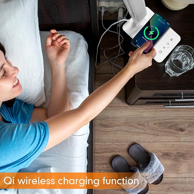 White crown LED Desk Lamp with 15W Wireless Charger &amp; USB Port, Dimmable Table Lamp with 5 Lighting Modes, Sensitive Touch Control, Foldable &amp; Portable Desk Light for Home, Office, Bedroom, Reading