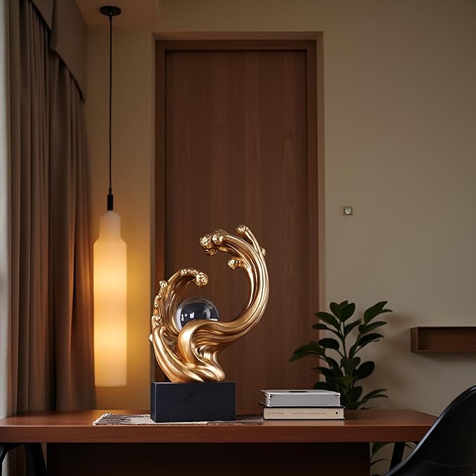 Modern Abstract Decorative Wave Statue, Gold Abstract Art Home Decor,Crystal Ball Art Wave Resin Sculpture, Office Desk Stand, Dining Table Center Decorative Aesthetics (Gold)