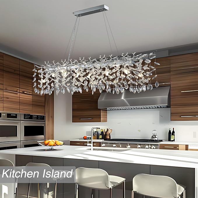 YUYI Modern Crystal Chandelier, 47" Silver Tree Branch Chandelier, 14-Light Luxury Rectangular Raindrop Chandeliers for Dining Room, Kitchen Island, Living Room, Contemporary K9 Crystal Light Fixture