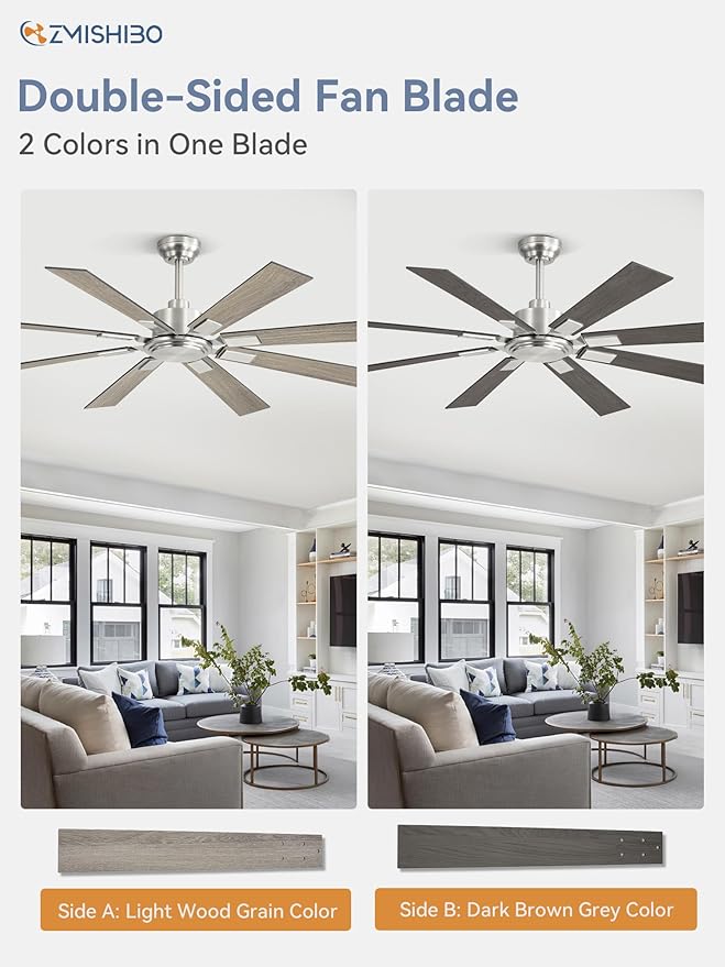 ZMISHIBO 62 Inch Ceiling Fan No Light with Remote Control, 8 Blades Quiet DC Reversible Motor, 6-Speed, Timer, Brushed Nickel Finish, Indoor Outdoor Ceiling Fans for Patios, Living Room, Garage