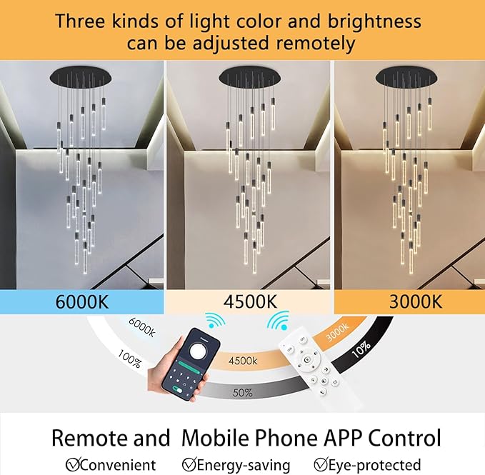 13 Foot High Ceiling Chandelier for Entryway Modern Crystal Lights for Living Room Foyer Flush Mount Sloping Ceiling Pendant Light Fixture Remote Dimmable 20-Lights Black