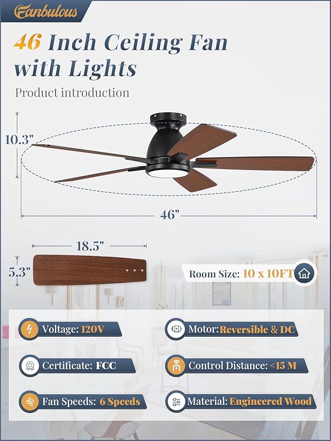 46 inch Ceiling Fans with Lights, Flush Mount Ceiling Fan and Remote, Modern Low Profile, 3CCT 20W LED Light with 6-Speeds Quiet Reversible Motor, for Bedroom, Living Room, Apartment, Black