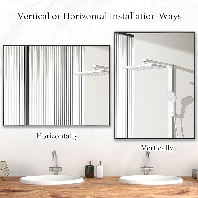 24x30 Inch Black Bathroom Mirror, Copper-Free Mirror, Aluminum Alloy Frame Vanity Mirror, Rectangle Wall Mounted Mirror, Modern Mirror for Bedroom/Living Room/Porch Horizontal or Vertical