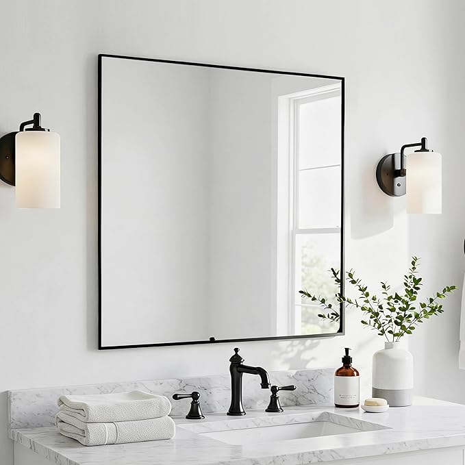 28x28 Inch Black Bathroom Mirror, Copper-Free Aluminum Alloy Frame Vanity Mirror, Rectangle Wall Mounted Modern Mirror for Bedroom/Living Room/Porch Horizontal or Vertical