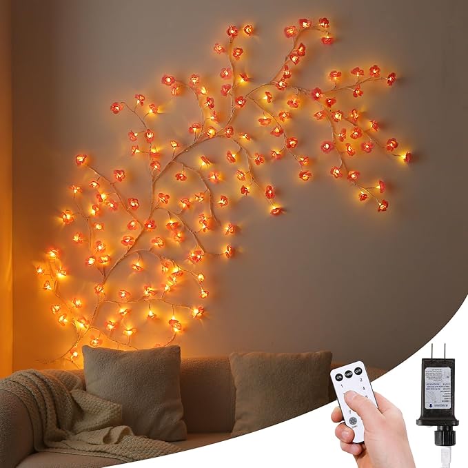 Cherry Blossom Lights with Remote, 7.5 Ft 144 Flowers Enchanted Willow Vine Lights, 18 Branches 144 LEDs Lighted Willow Vine Tree Lights for Walls Bedroom Home Room Decor, White Branch