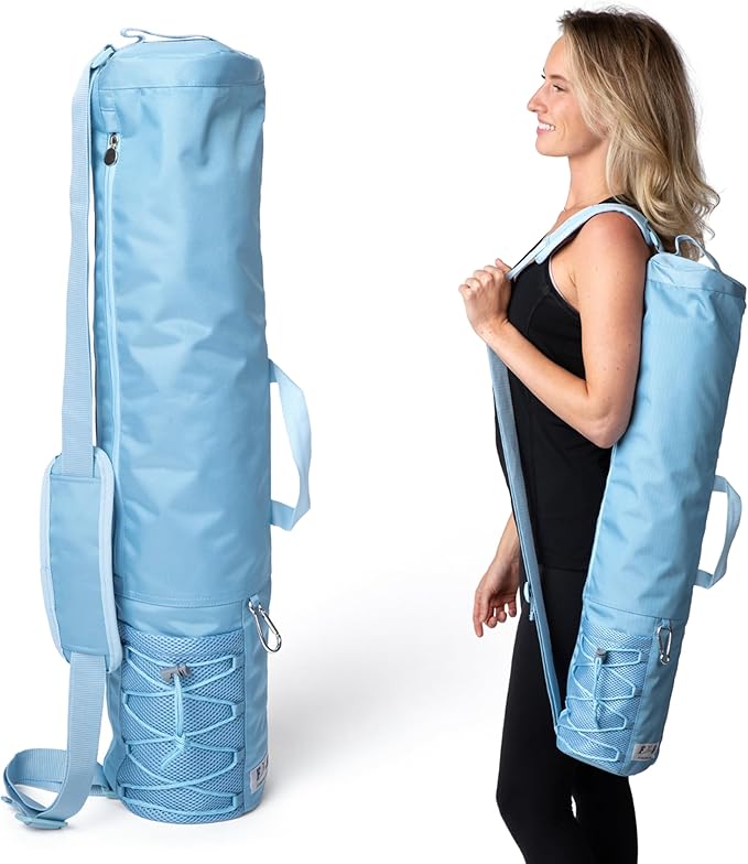 Large Yoga Mat Bag for Men & Women | Premium, Waterproof, Bottle Pocket, Ventilation & Padded Adjustable Strap | Stylish and Sky Blue Yoga Mat Carrying Bag | Great for Gym & Travel Use