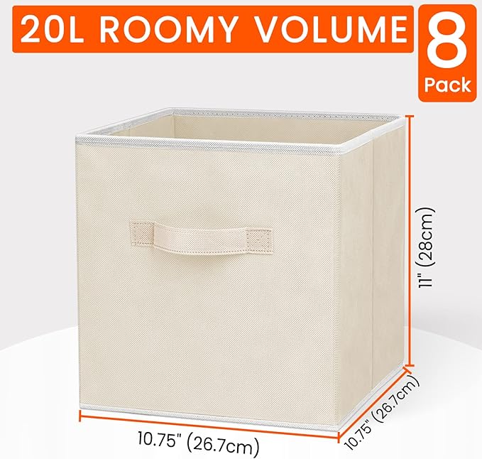 Criusia Storage Cubes - 11 Inch Heavy Duty Fabric Storage Bins for Shelves Closet Cube Organizer - 8 Pack Collapsible Cube Storage Bins Baskets for Clothes Blankets Toys - Nursery Organization (Beige)
