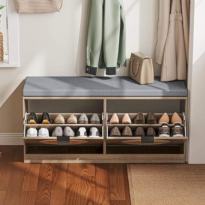 Rattan Storage Bench with Cushion &amp; Coat Rack, Shoe Rack with 2 Flip Drawers, Narrow Shoe Storage Cabinet, Shoe Bench for Entryway, Living Room, Rustic Oak, Round