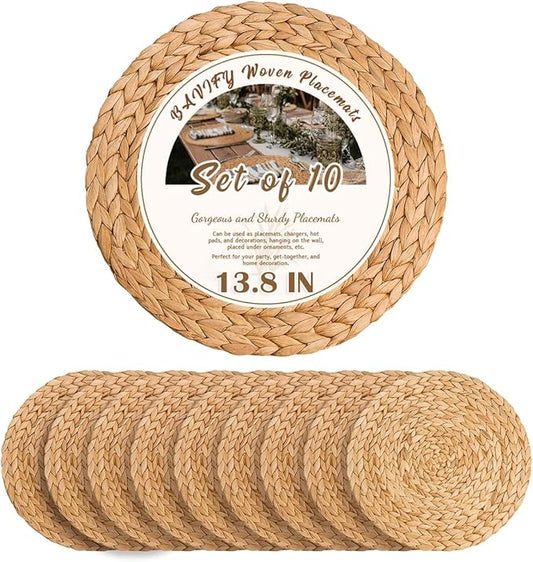 13.8 in Plate Chargers Round Woven Placemats Set of 10, Boho Farmhouse Rustic Place Mats for Dining Table Decor, Rattan Wicker Table Mats Jute Braided Chargers for Dinner Plates