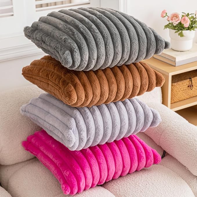 Double-Sided Faux Fur Plush Throw Pillow Covers 18x18 Set of 2 Fuzzy Striped Soft Cozy Pillowcase Luxury Decorative Pillows Square Shaggy Cushion Covers for Couch Sofa Bed,Brown