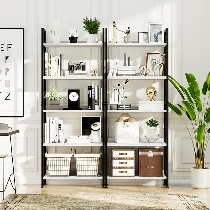 NUMENN Bookshelf, 5 Tier Bookshelves, Home Office Bookcase Shelf Storage Organizer, Free Standing Storage Shelving Unit for Bedroom, Living Room and Home Office, White&Black