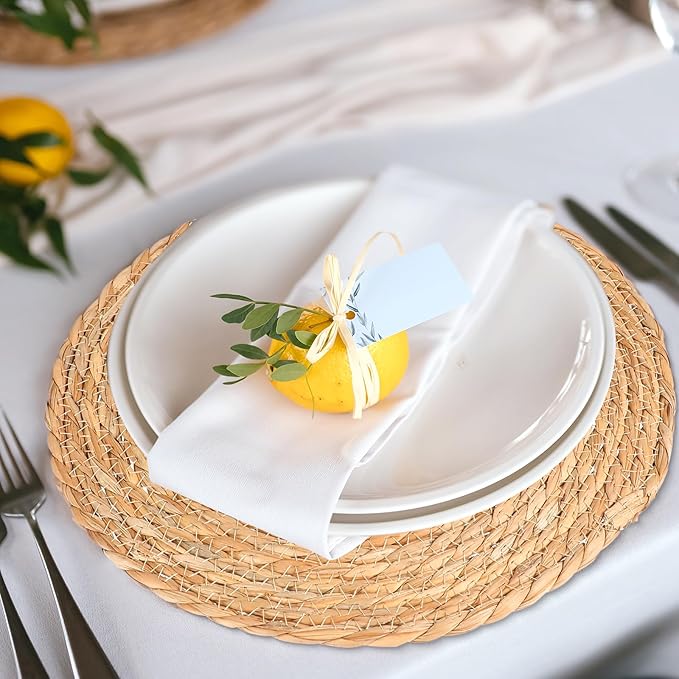 10 Pcs 12 Inch Round Woven Placemats with 10pcs Pearl Napkin Rings，Rattan Placemats Bulk Boho Woven Chargers Natural Water Hyacinth Place Mat for Wedding Party, Dinner Table