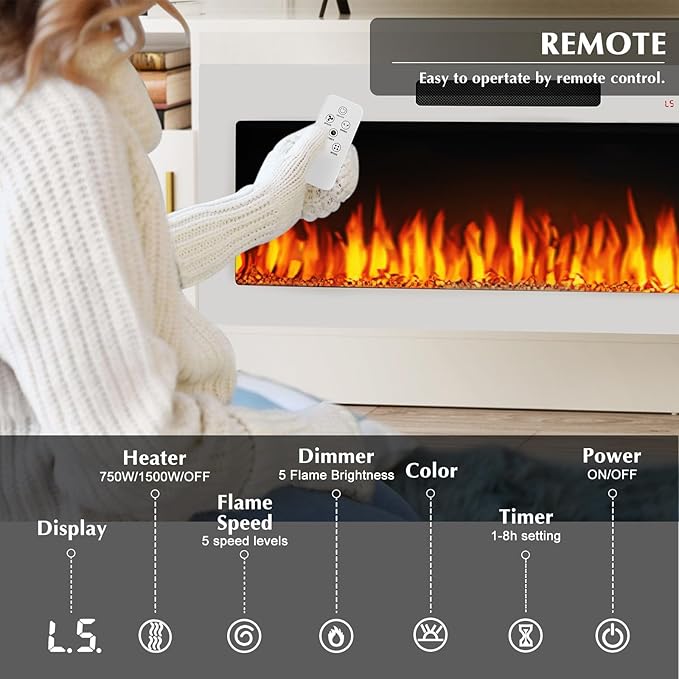 Lemberi Fireplace tv Stand with 36 inch White Fireplace Up to 80" TVs,LED Light Entertainment Center and Storage, 70" Modern Wood Media TV Console with Highlight Cabinet for Living Room