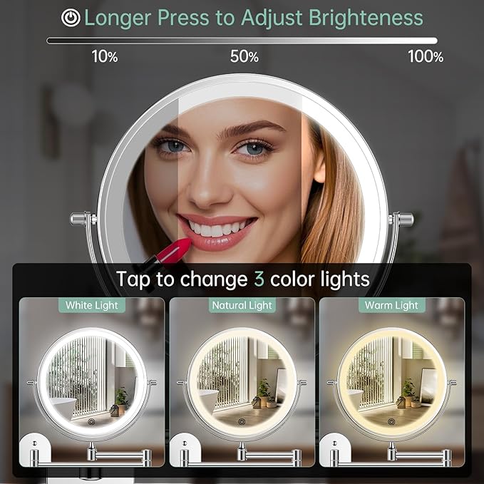 FUNTOUCH 2500mAh Rechargeable Wall Mounted Lighted Makeup Vanity Mirror 8 Inch Double Sided 1X 20X Magnifying Bathroom Mirror, 3 Color Lighting, Touch Dimming, Extended Arm 360° Light up Mirror