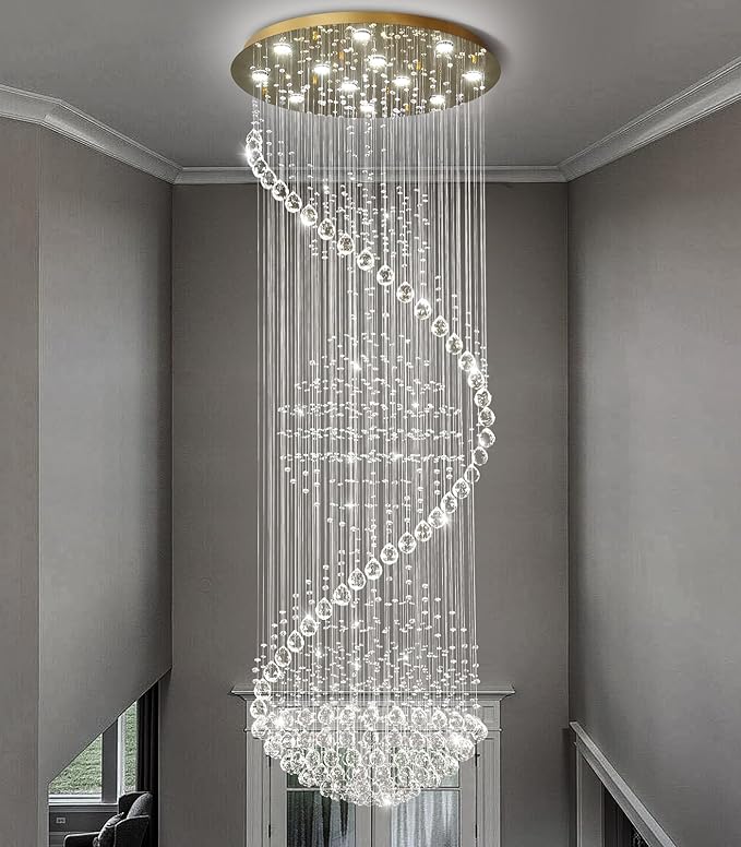 98'' Crystal Chandelier High Ceiling Chandeliers for Staircaes Large Raindrop Chandeliers LED Dimmable Flush Mount Light Fixtures for Foyer Hallway Entryway LED Bulbs Included Gold