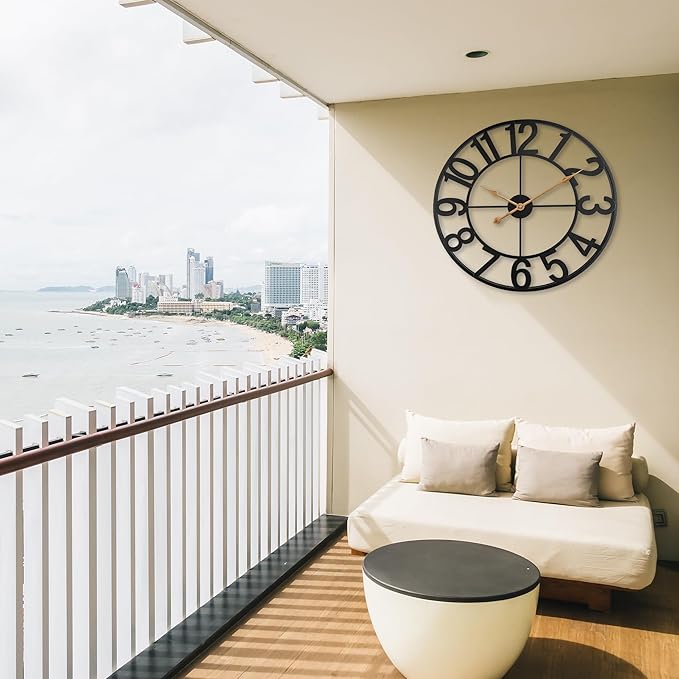 Extra Large 18 Inch Outdoor Wall Clock, Black Metal Modern Minimalist Battery Operated Silent Clock for Patio, Pool, Garden, Living Room, Kitchen, Office, Bedroom Decor with Easy to Read Numbers