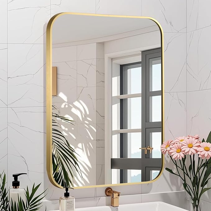 Brushed Gold Mirror, 24"x36" Rectangle Bathroom Mirror, Metal Frame Rectangle Corner Vanity Mirror, Wall Mounted Mirror for Modern, Living Room, Bedroom, Horizontal Or Vertical