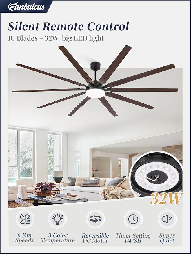 100 Inch Industrial Ceiling Fans with Lights, Large Ceiling Fan with Quiet DC Motor, 10 Reverisble Dual-Color Blades, 3CCT,6 Speeds,Black Commercial Indoor/Outdoor Ceiling Fans for Patios/Garage/Porch