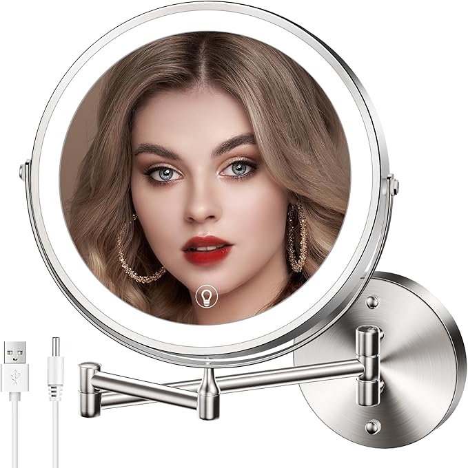 Wall Mounted Lighted Makeup Mirror, 8" Rechargeable Double-Sided Light up Magnifying Mirror 1x/10x, 3 Color Led Vanity Mirror with Lights, Touch Dimmable 360° Rotation Foldable-Nickel