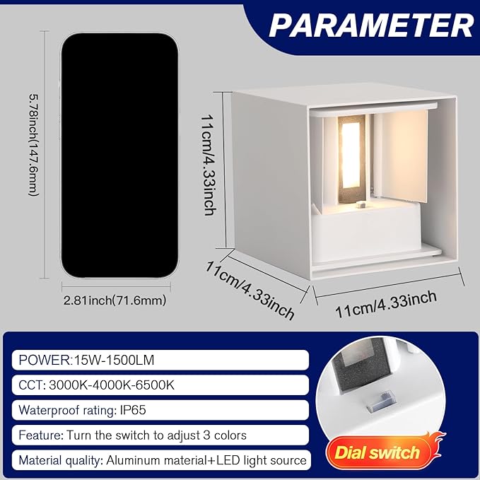 2 Pack LED Outdoor Wall Lights Exterior/Interior 3 Colors Adjustable 15W Wall Light Fixture IP65 Waterproof Porch Exterior Wall Sconce Modern Outdoor Lighting Square Aluminum White Up and Down Lights