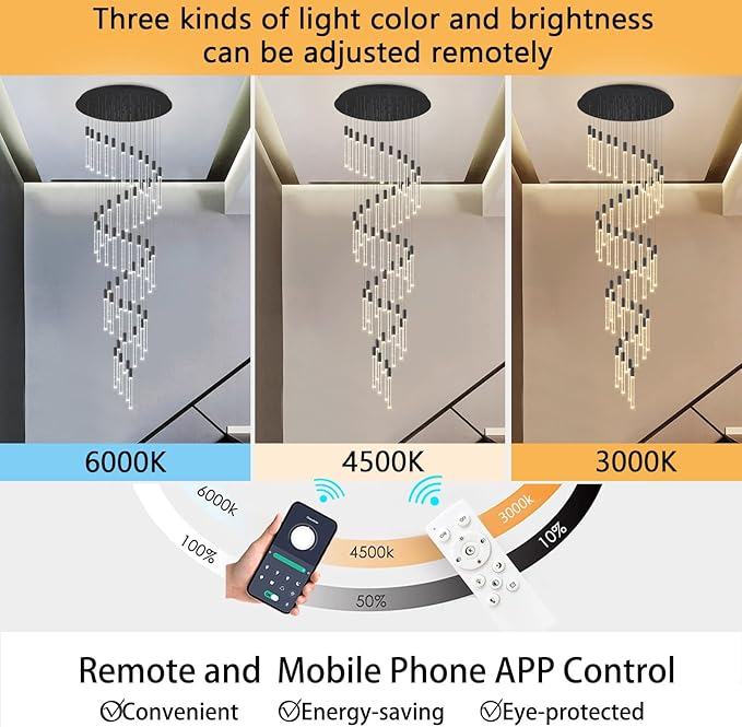 16 Foot Chandeliers for Living Room Entryway High Ceiling Light Fixtures Sloped Flush Mount Ceiling Pendant Lighting Dimmable Chandelier with Remote LED Crystal Pendants Lighting Black Light