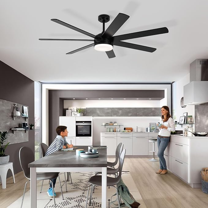 62 Inch Ceiling Fan, Outdoor Black Ceiling Fan with Light and Remote, 6-Speeds Reversible Motor, 7 Two-sided Blades Dimmable Noiseless, for Indoor Bedroom/Outdoor