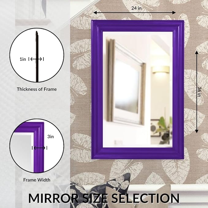 Howard Elliott George Rectangular Glossy Royal Purple Wall Mirror, Rectangle Hanging Wood Framed Vanity Mirrors for Home Decor, Living Room, Bathroom, Bedroom, or Hallway, 24 x 36 Inch