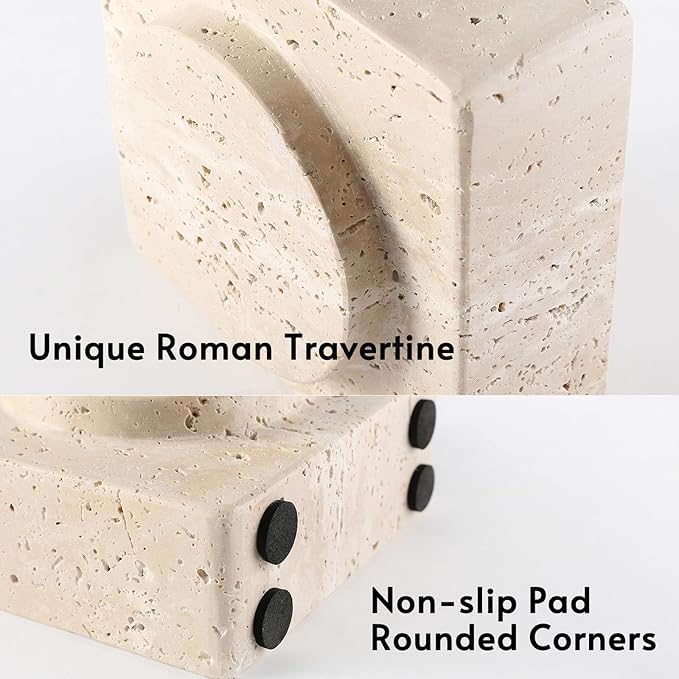 Koville Marble Square Book Ends, Heavy Duty Book Holders, Bookends for Shelves, Office Bookshelf Decor for CDs/Video Games (Travertino Romano)