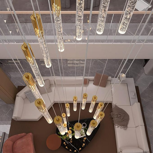 Flashing God Gold 20 Lights High Ceiling Chandelier Modern Dimmable Light Fixtures Foyer Chandelier Pendant Lighting Crystal Ceiling Chandeliers Fixtures for Villa Staircase Hallway 11.5feet Long