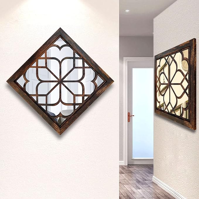 Wocred 16inch 2 PCS Square Wall Mirror,Gorgeous Rustic Farmhouse Accent Mirror, Caramel Color Entry Mirror for Bathroom Renovation,Bedrooms,Living Rooms and More.