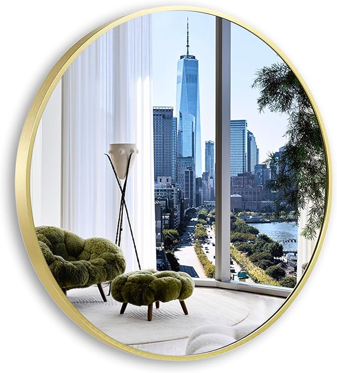 Large Round Gold Mirror 36 inch, Matte Gold Circle Mirror for Wall, Bathroom, Living Room, Hallway -Metal Framed Circular Decor