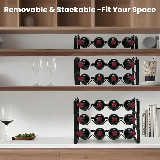 Small Wine Rack for 8 Bottles – Expandable &amp; Stackable Metal Wine Rack for Cabinet, Countertop, Floor, or Small Spaces – Compact Wine Storage Shelf for Kitchen, Bar, or Pantry (2 Tier, Black)