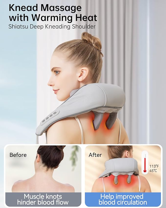 Neck and Shoulder Massager for Pain Relief Deep Tissue-Shiatsu Deep Kneading Massager with Heat to Relieve Neck Shoulder Back Waist Leg Muscle Soreness Fatigue-Relaxation