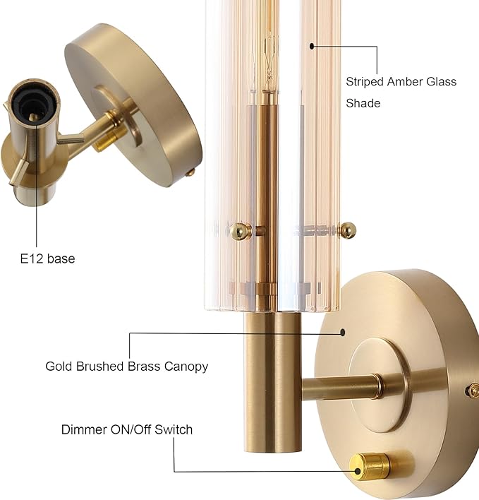Modern Wall Sconces with Striped Amber Glass Shades Gold Brushed Brass Bathroom Vanity Light Fixtures Dimmer ON/Off Switch Indoor Wall Light for Mirror Living Room Bedroom Hallway Staircase