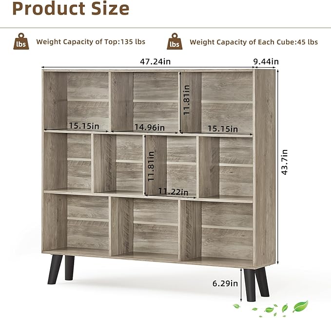 LEYAOYAO 10 Cube Bookshelf,3 Tier Modern Wide Bookcase with Legs,Mid-Century Wood Bookshelfs Storage，Retro Gray Large Book Case,Freestanding Organizer Display Shelf for Bedroom,Living Room,Office