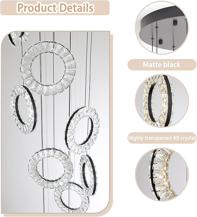 16 Rings High Ceiling Chandelier,Black Rings Chandeliers Staircase Chandelier for High Ceilings,Foyer Chandeliers Entryway High Ceilings